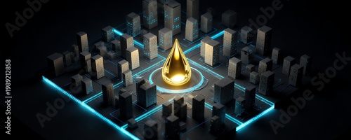 Gold Droplet Surrounded by Modern Cityscape at Night View