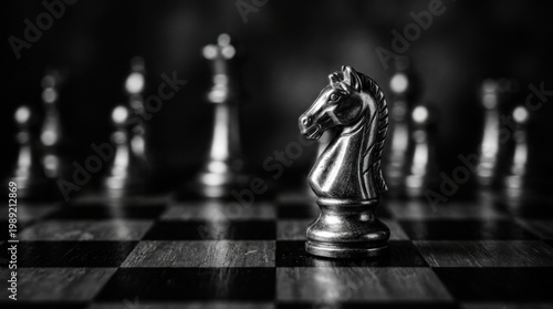 Silver knight chess piece standing focused on a dark checkered board