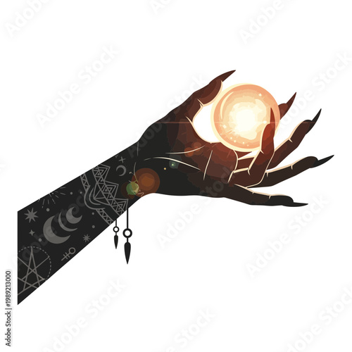 Mystic hand holding glowing orb with occult symbols