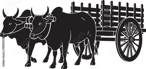 Black oxen, cattle, farm cart, vector illustration, agriculture icons, oxen-drawn carriage