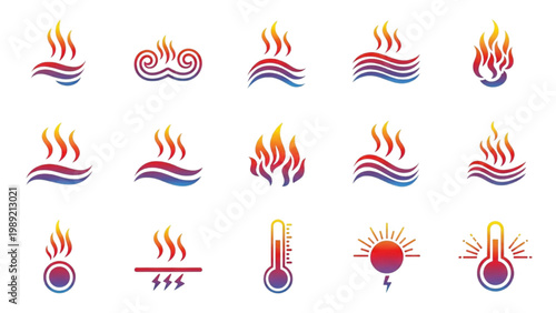 Thermal Energy and Steam Vector Icon Set: Heat Wave Symbols, Hot Vapor, and Industrial Thermodynamics Graphics in Vibrant Gradient Flat Design Icons
