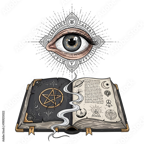 Mystical Eye Above Open Magic Book with Symbols and Smoke
