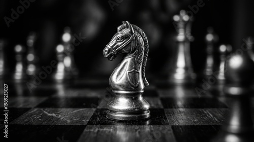 Close up of a metallic chess knight piece on a dark background