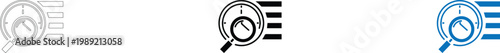  Data Processing Speed and System Optimization Concept, Set of Minimalist Stopwatch Icons with Magnifying Glass for Performance Analysis, Website Loading and SEO Graphic in Clean Line Art Style