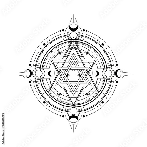 Mystical Geometric Symbol with Star and Moon Phases