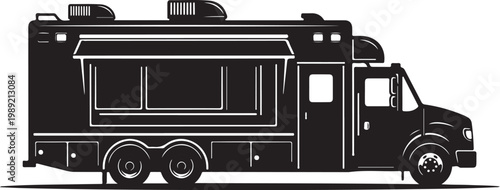 Food Truck Vector, Black Truck Illustration, Side View, White Background, Commercial Vehicle