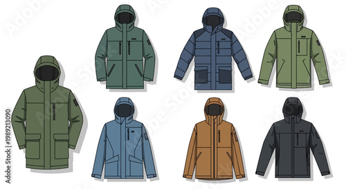 Variety of colorful winter jackets on display.