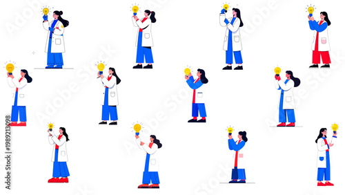 Set of Flat Vector Illustrations of Scientist with Idea Bulb in Hand, Innovation Concept Highlighting Scientific Discovery, Creative Thinking and Problem Solving for Laboratory, Education & Technology