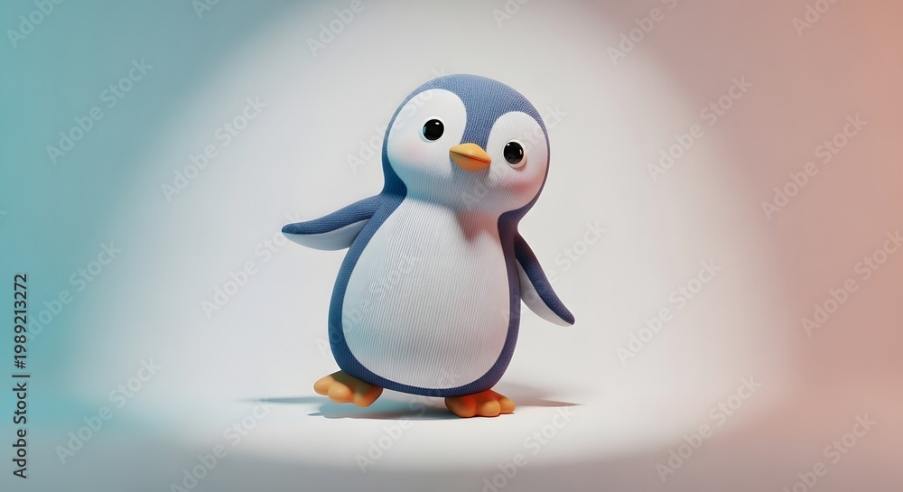 Obraz premium Adorable 3D penguin character, cute baby penguin toy, charming winter animal mascot on soft background