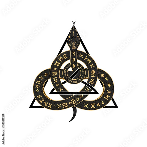Serpent coiled around triangle with ancient runes