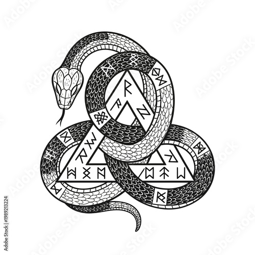 Serpent entwined with Norse runes in a triangle symbol, black and white illustration