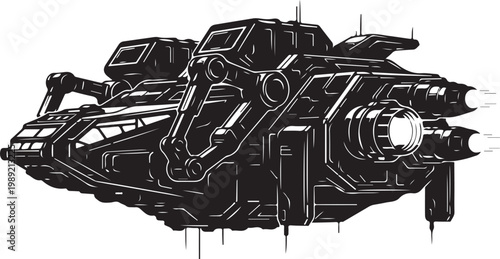 Futuristic Spaceship, Black Vector Illustration, Sci-Fi Spacecraft, Dark Grey Line Art
