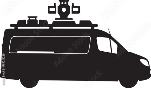 Black van silhouette, film equipment, movie production vehicle, transportation icon