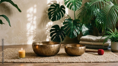Wellness still life with Tibetan singing bowls and Monstera plant in sunlight