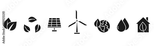 Eco-Friendly Icon Set: A minimalistic collection of eco-friendly icons representing environmental consciousness, sustainability, and renewable energy.
