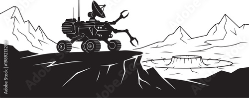 Robot rover on mountain peak, futuristic vehicle illustration, black and white vector, sci-fi landscape