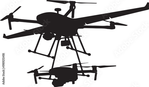 Drone, quadcopter, aerial vehicle, black silhouette, vector icon, flying robot, aircraft design