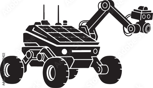 Robotic Mars Rover, Space Exploration Vehicle, Black Vector Illustration, Solar Powered Robot