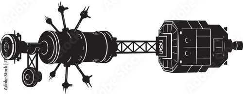 Space station, spacecraft, satellite, black and white vector illustration