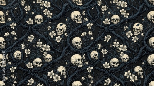 Seamless pattern of skulls and flowers in a vintage tattoo style