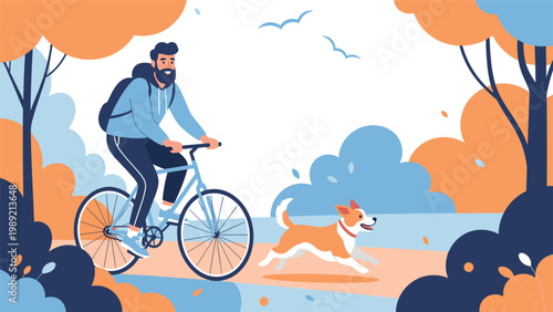 Joyful bearded man riding a bicycle through a scenic park while his pet dog runs happily alongside him on an autumn day.