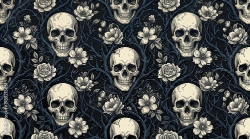 Gothic floral pattern with skulls and roses on a dark textured background