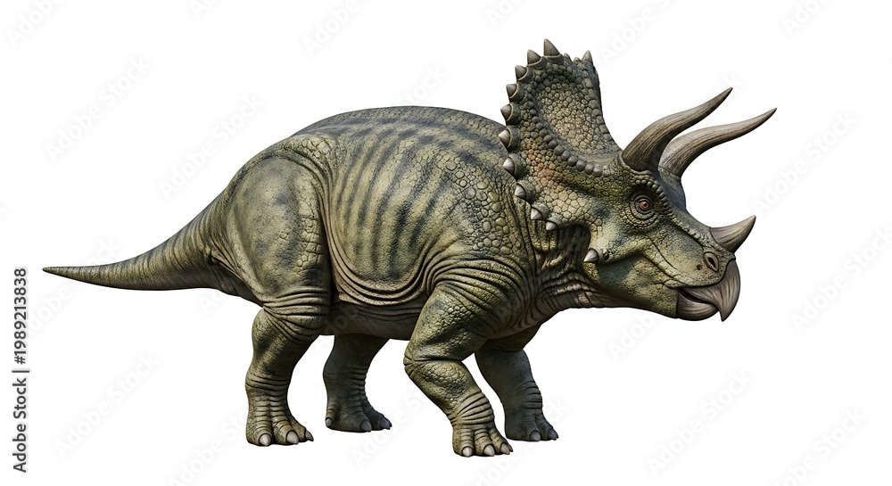 Fototapeta premium A detailed full-body rendering of a Triceratops dinosaur, isolated on a clean white background.