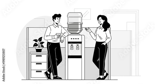 Two colleagues engaging in a casual conversation by the office water cooler.