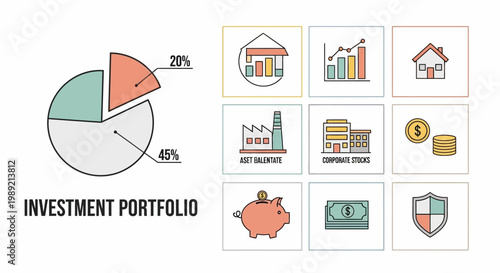 Investment Portfolio and Financial Icons for Business and Finance.