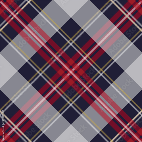 Vibrant diagonal plaid pattern with red, navy, gray, and yellow intersecting lines