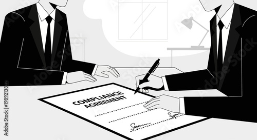 Two business people signing a compliance agreement document.