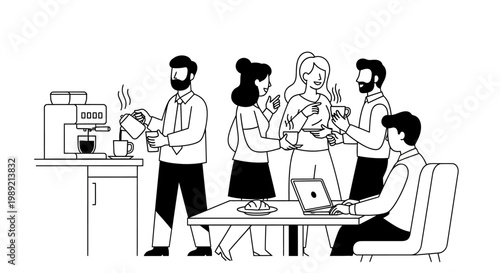 Office workers enjoying coffee break and conversation.