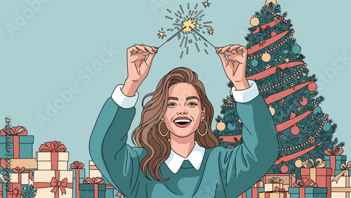 Beautiful young woman smiling and holding sparklers while standing in front of a decorated Christmas tree with many gifts.