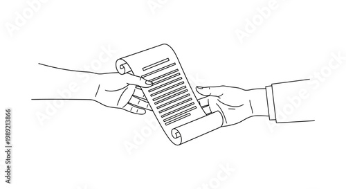 Two hands exchanging a rolled document symbolizing agreement or transaction.