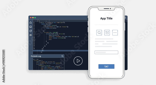 Laptop and smartphone displaying code and app interface.