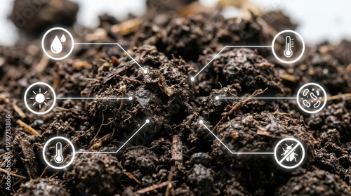 High angle view of dark soil with digital data icons and white lines