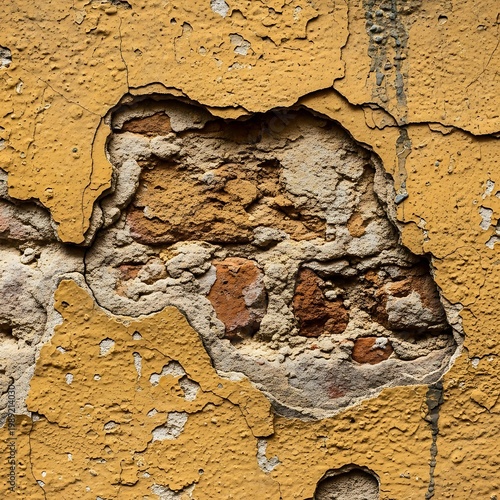Cracked Yellow Paint on Old Weathered Brick Wall Surface