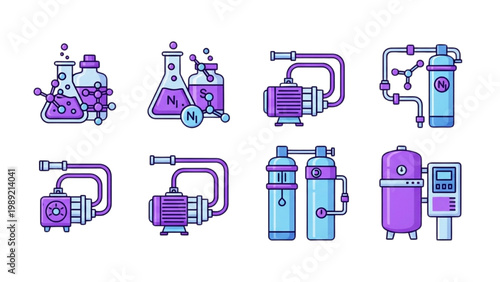 Water Treatment and Boiler Descaling Vector Icon Set: Water Softener Tanks, Chemical Treatment, and Industrial Descaling Pumps in Flat Color Design