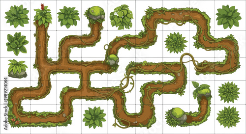 Jungle game map tileset with dirt path and tropical plants, top-down forest level design elements, cartoon nature environment vector kit