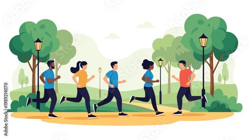 Group of diverse active people jogging and running together along a path in a beautiful park on a bright sunny day.