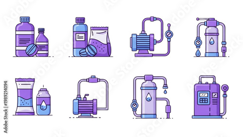 Water Treatment and Boiler Descaling Vector Icon Set: Water Softener Tanks, Chemical Treatment, and Industrial Descaling Pumps in Flat Color Design