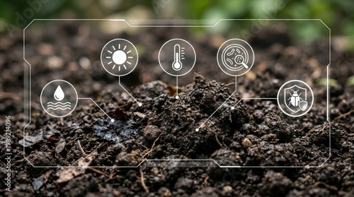 Conceptual agricultural data monitoring overlay on dark garden soil
