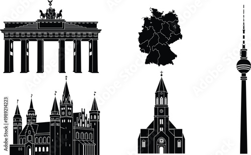 Germany Landmark Silhouette Set with Brandenburg Gate, Berlin Tower, Church, and Map for Travel and Architecture Design Concepts