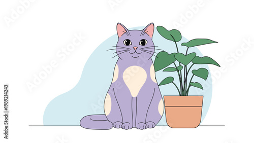 Charming purple cat with spots sitting peacefully next to a green houseplant in a terra cotta pot on a white background.