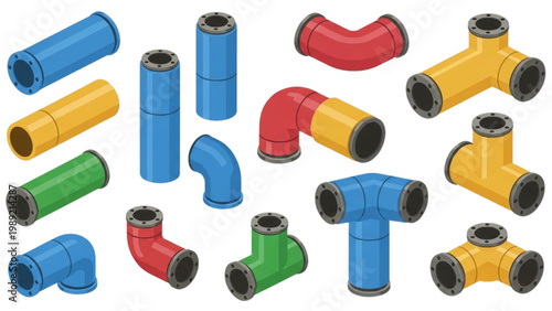 Insulated Steam Pipe and Elbow Vector Icon Set: Industrial Flanges, Pipeline Infrastructure, and Plumbing Graphics in 2D Isometric Flat Color Style