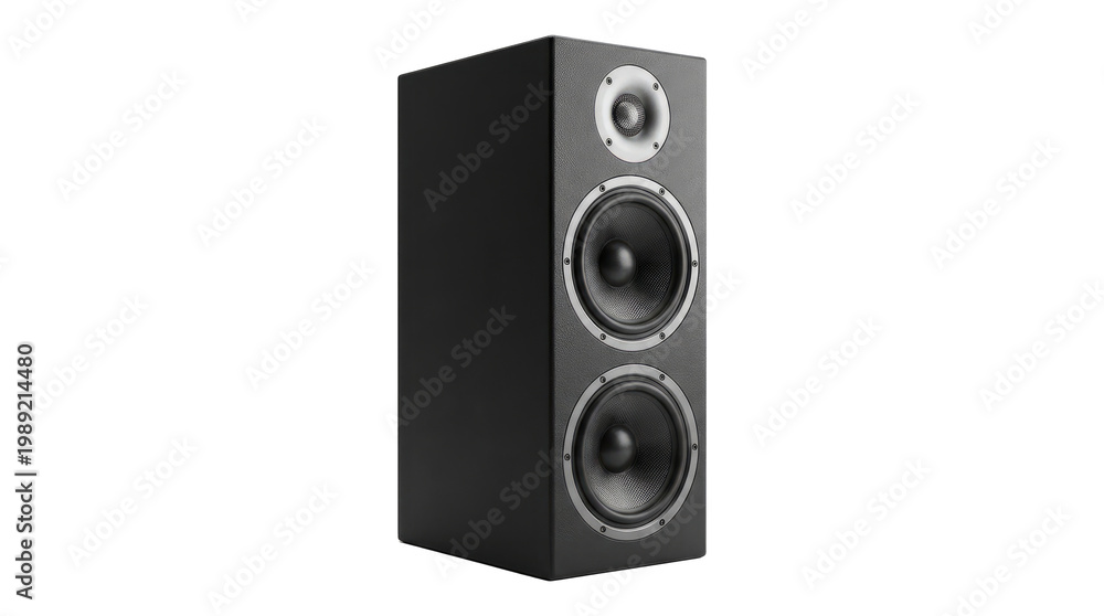 Naklejka premium Black three-way speaker isolated PNG on transparent background, audio equipment for home entertainment and professional sound systems