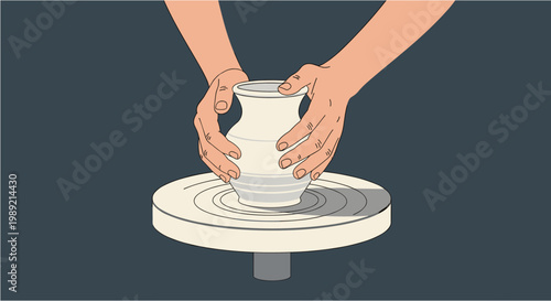 A close-up illustration of human hands skillfully shaping a ceramic pot on a spinning potter's wheel, demonstrating the ancient art of pottery.