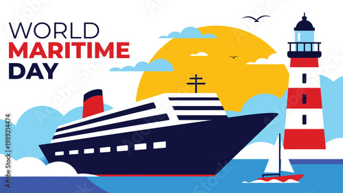 World maritime day illustration with cruise ship lighthouse ocean waves seagulls and sun flat design marine transport shipping concept background