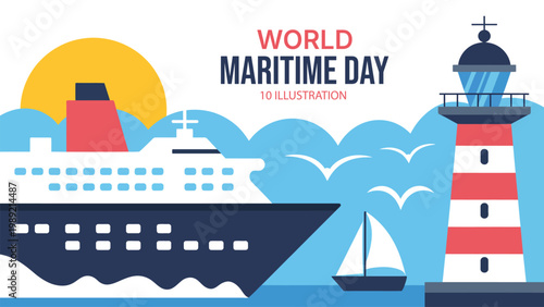 World maritime day illustration with cargo ship lighthouse ocean waves and sailing boat flat design marine transport shipping concept background