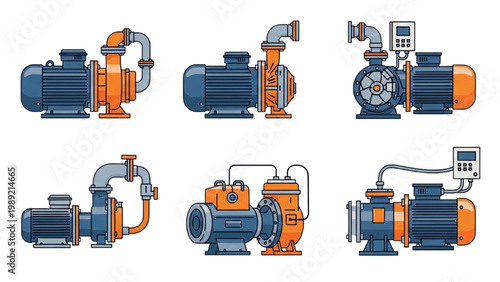 Industrial Water Pump and Circulation Motor Vector Icon Set: Heavy Duty Centrifugal Pumps, Electric Motors, and Fluid Handling Flat Design Icons